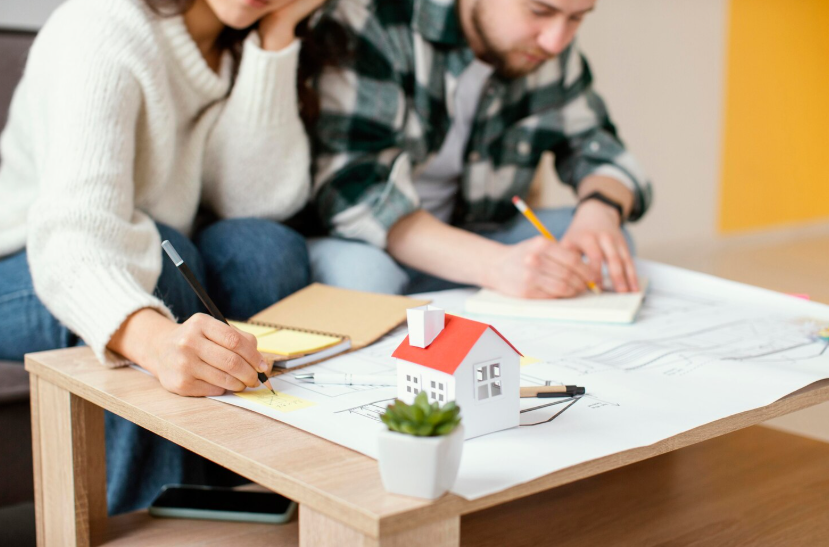 Couple reviewing home appraisal documents with a miniature house model during valuation planning.