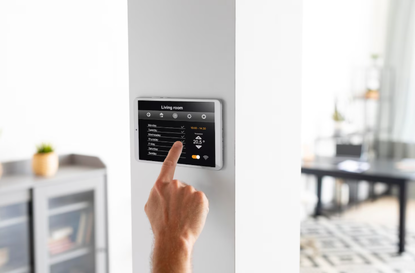 Homeowner adjusting a smart thermostat wall panel to improve energy efficiency and increase home value.