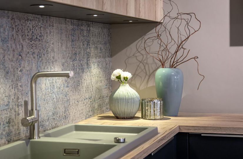 Modern kitchen counter with updated backsplash, decorative vases, and lighting, showcasing kitchen refresh ideas.