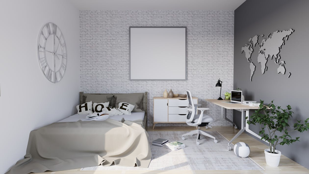 Modern bedroom with soft gray and white wall colors that increase buyer appeal and perceived home value.