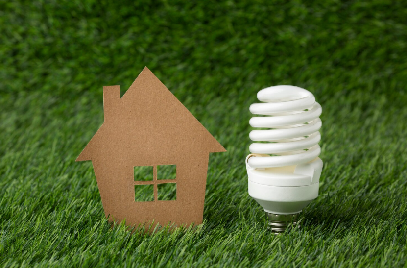 Cardboard house next to an energy-efficient light bulb on green grass.